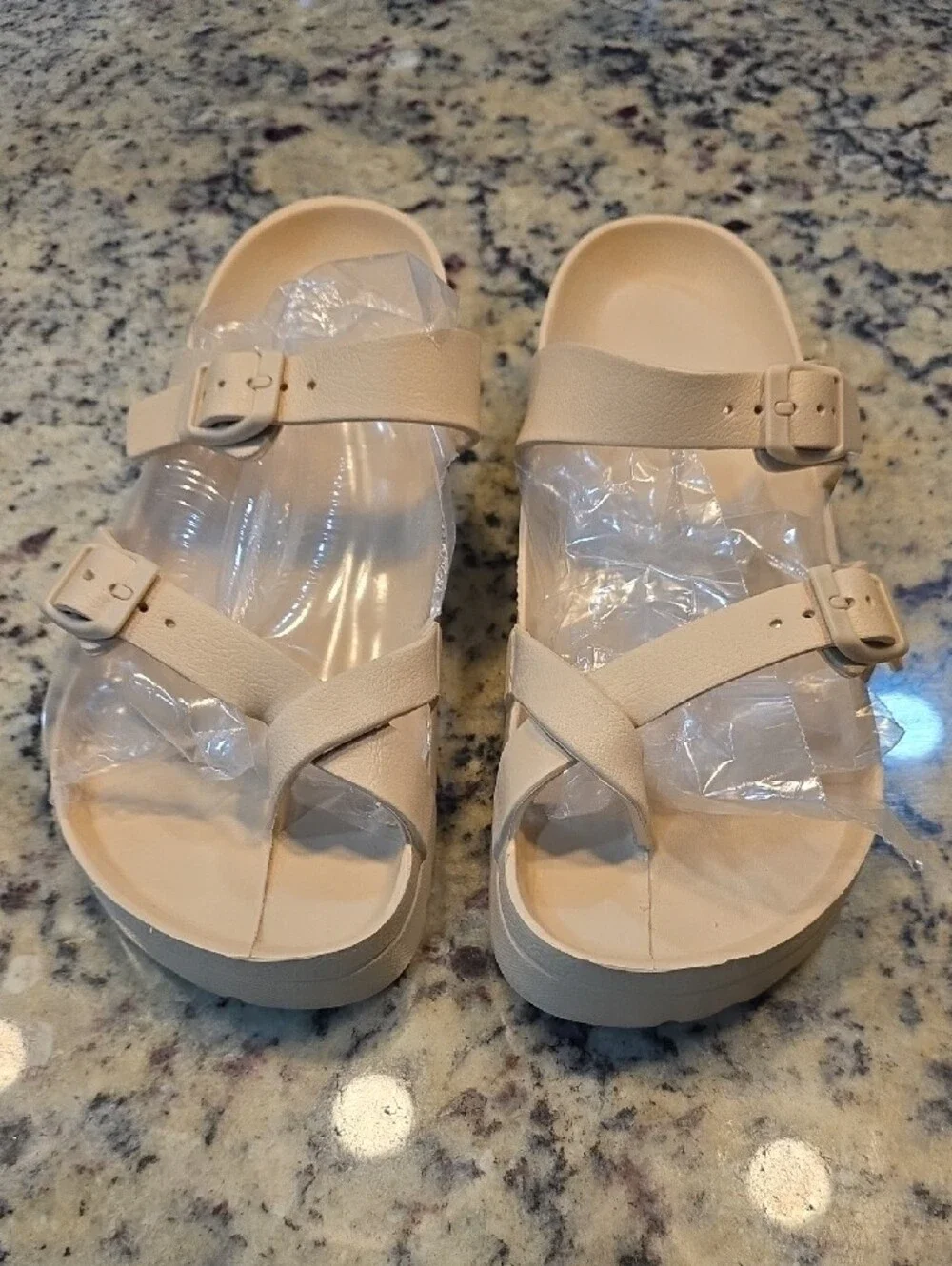 Cream Strappy Buckle Slide Sandals